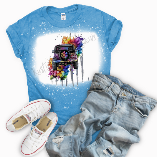 Colorful Sunflowers And Paw Print Jeep Bleached Shirt